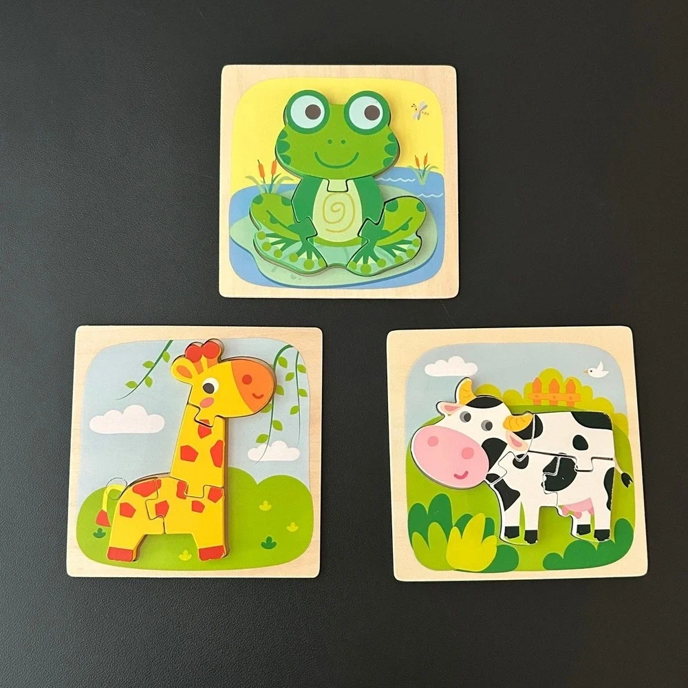 Toddler Wooden Chunky Puzzle Set Frog Giraffe Cow 3 Pack Educational Toys